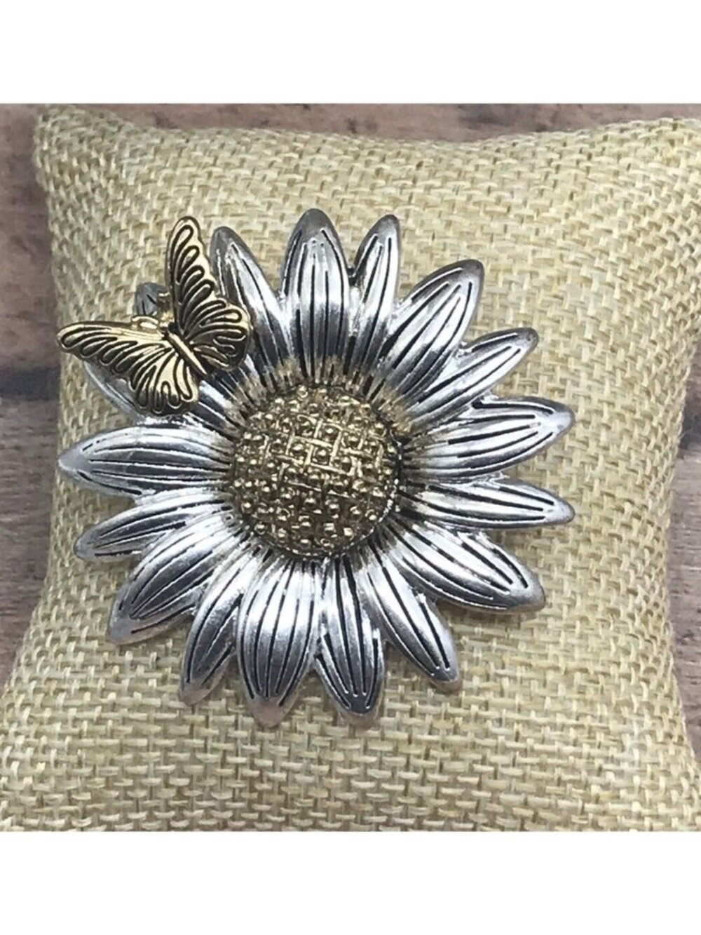 Beautiful Napier Two Tone Silver & Gold Sunflower & Butterfly Brooch Pin Signed